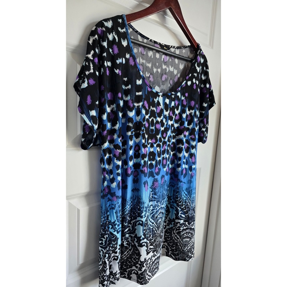 Milano Womens Large Blue Purple Animal Paisley Mixed Print Scoop Neck Tunic Top - Picture 3 of 5